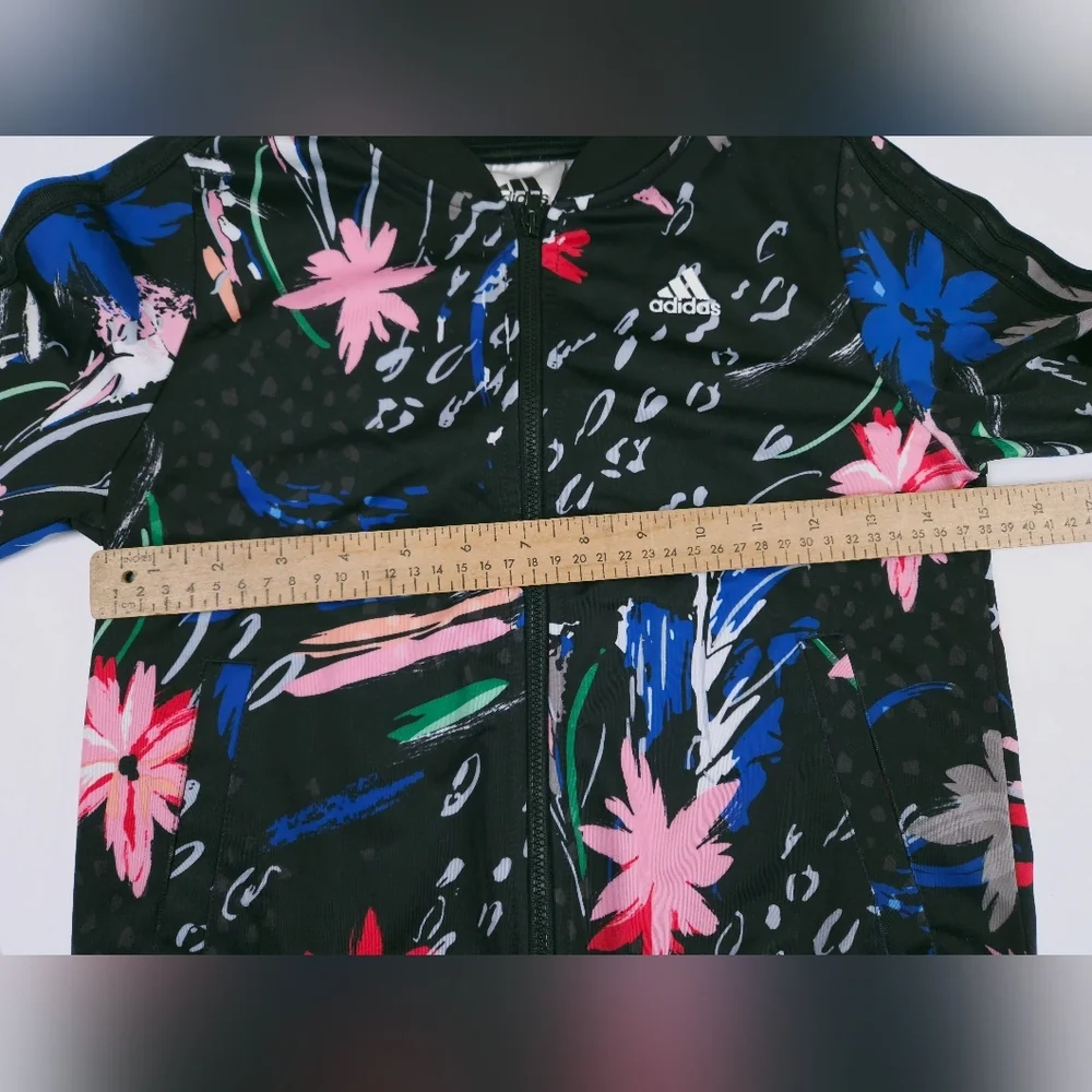 Adidas Girls Black Pink Spring Floral Tricot Tropical Track Jacket Size 10-12